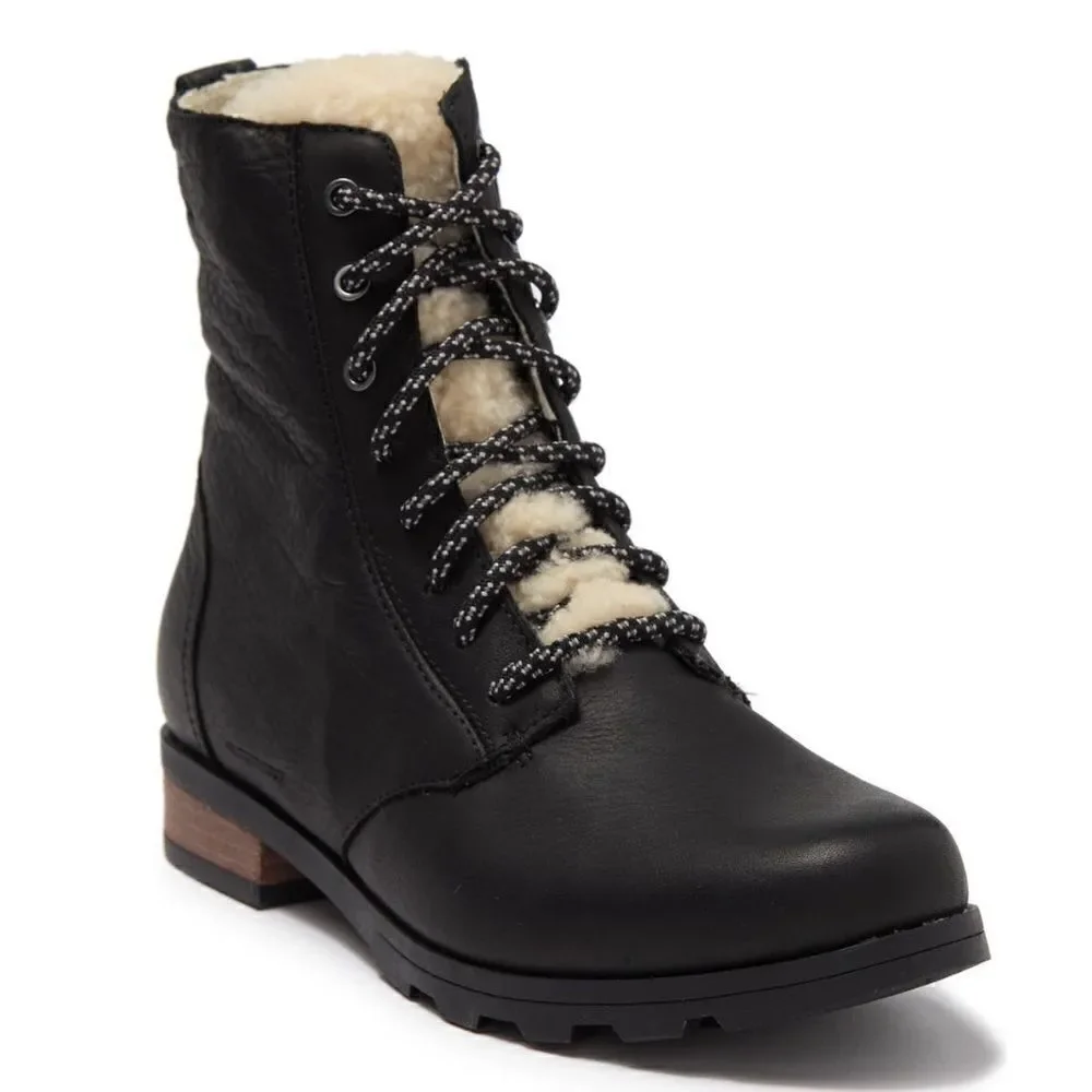 SOREL Emelie Genuine Shearling Lamb Fur Short Lace-Up‎ Boot, Black, Size 9, NWT